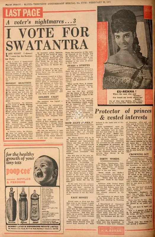Abbas, Khwaja Ahmad (Columnist). I Vote for Swatantra. In Blitz - India's Greatest Weekly. p. 40. Bombay: R.K. Karanjia, 20 February 1971 | Essay | CinemaEducation | 00465574