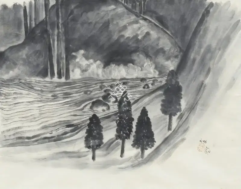 Bose, Nandalal (Artist). Untitled (Four Trees and a stream), n.d. | Drawing