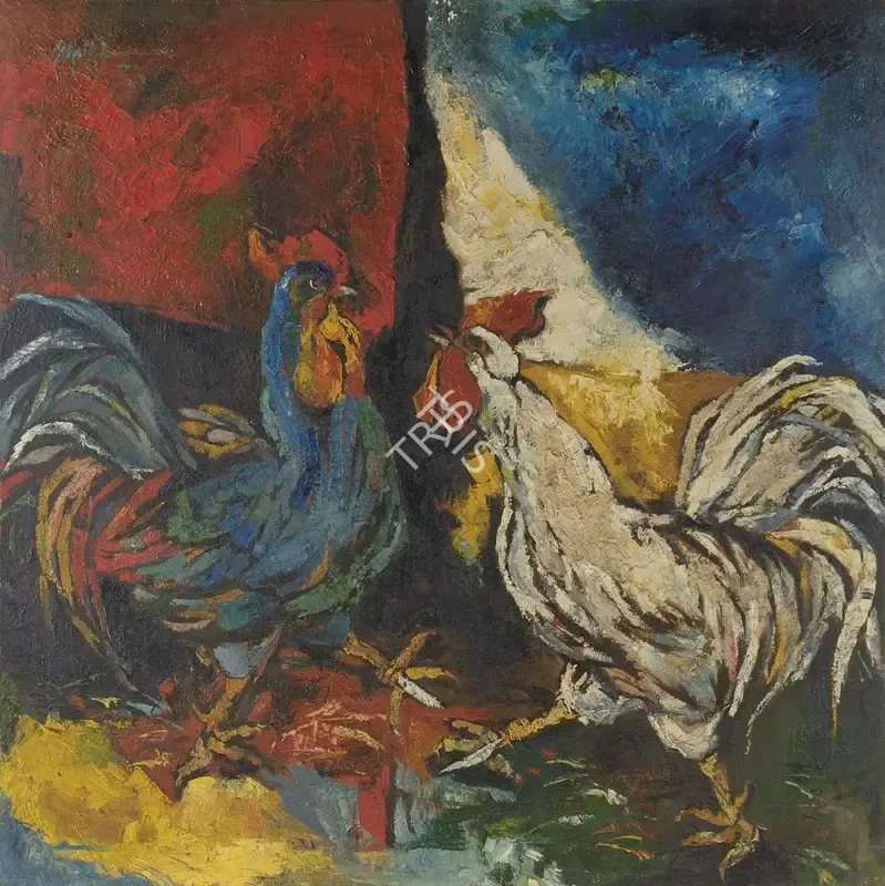 Roy, Sajal (Artist). Roosters. Oil on canvas, 1973 | Painting | FineArts | 00646809