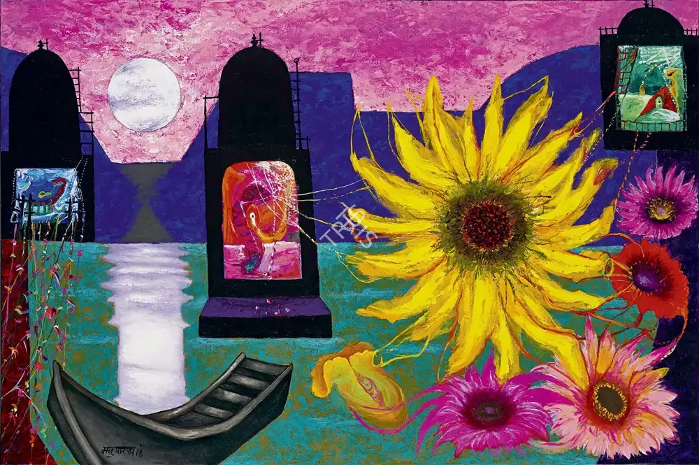 Parekh, Manu (Artist). Flower Festival In Moonlight, 2018 | Painting