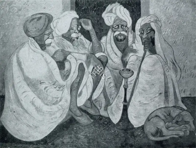 Mago, Pran Nath (Artist). Village Elders. n.d. | Marg, March 1957 | Painting | FineArts | 00674107