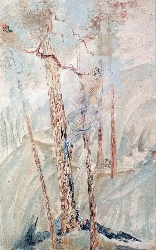 Bose, Nandalal (Artist). Burning Pine. Tempera on paper, 04 June 1942 | Marg, March 1983 | Painting | FineArts | 00674993