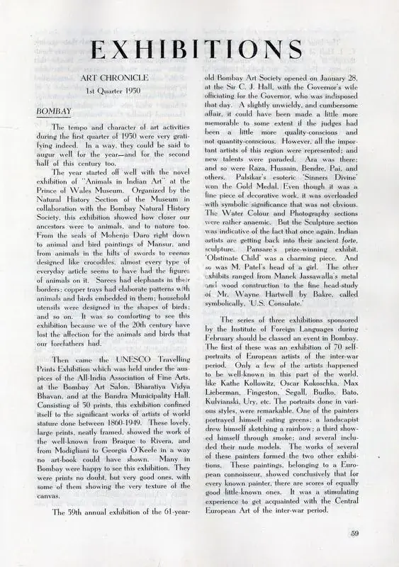 M., J. and J.T. (Essayists). Exhibitions - Art Chronicle 1st Quarter 1950. In Marg. 4(2), pp. 59-62. Bombay: Modern Artists and Architects Research Group, July 1950 | Essay | FineArts | 00668788, 1950
