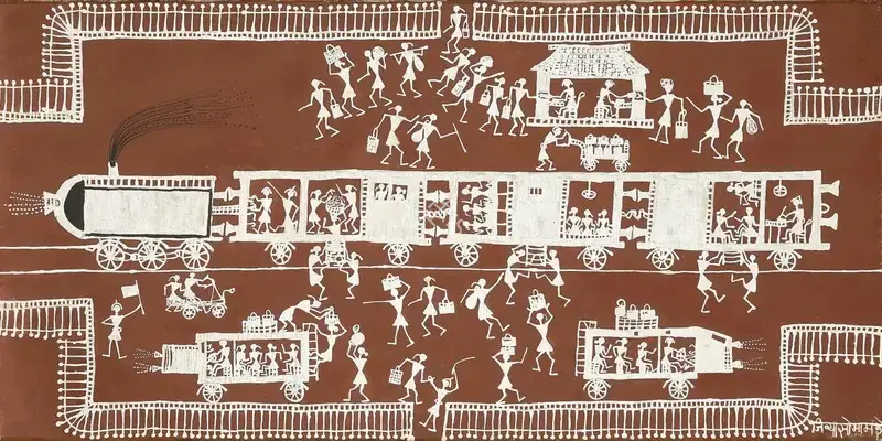 Mashe, Jivya Soma (Artist). Untitled (Train). Natural pigment on cloth, 2000 | Painting | EconomicsArt | 00871413