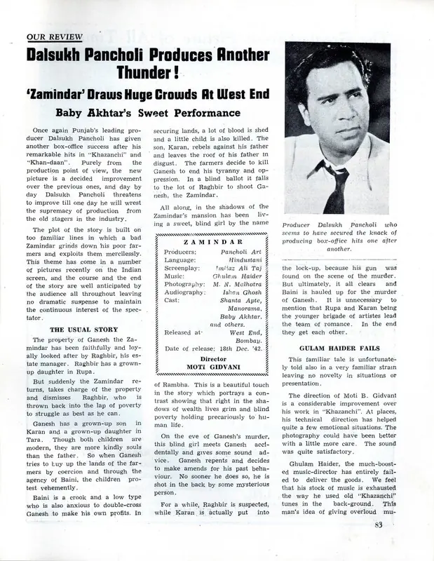 Dalsukh Pancholi produces Another Thunder! - Zamindar' draws huge crowds at West End - Baby Akhtar's Sweet Performance. In Filmindia. 9(1), pp. 83, 85. Bombay: Baburao Patel, January 1943 | Film Review | CinemaEducation | 00858717