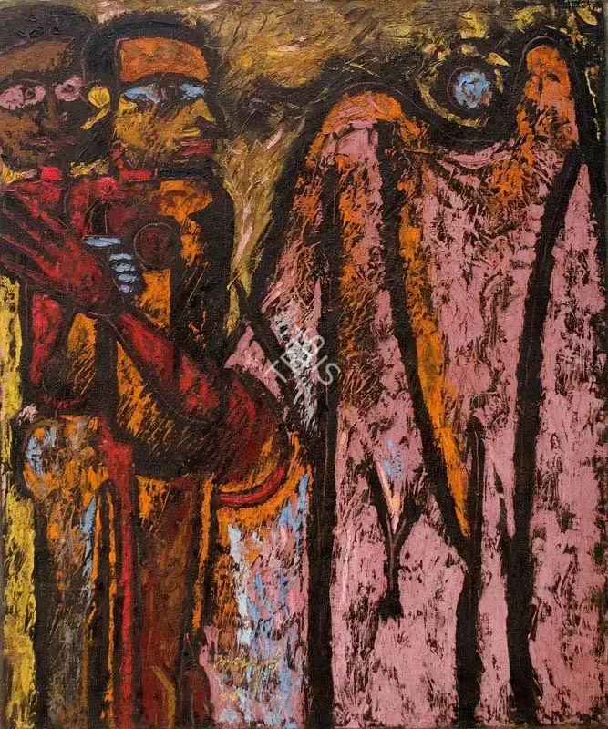 Pai, Laxman (Artist). Men and mountain, n.d. | Painting