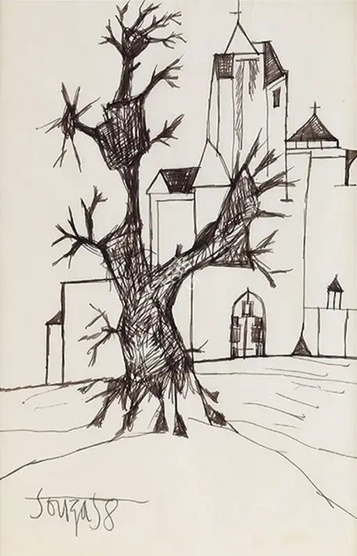 Souza, F.N. (Artist). Untitled (Landscape with Church), 1958 | Drawing
