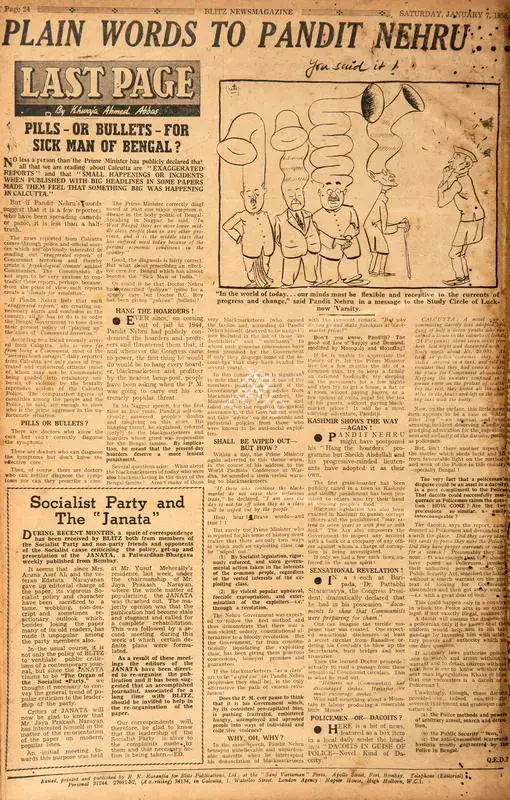 Abbas, Khwaja Ahmad (Columnist). Pills - Or Bullets - For Sick Man of Bengal?. In Blitz. 07 January 1950 | Essay