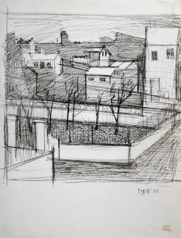 Raza, S.H. (Artist). Untitled. Pen and ink on paper, 1953 | Drawing | FineArts | 00898989