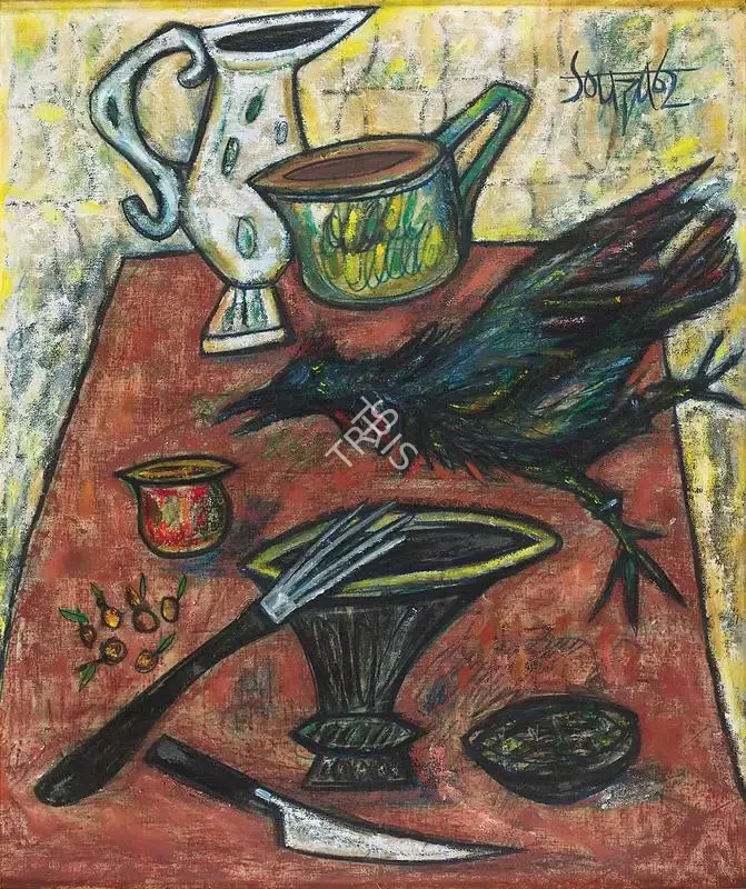 Souza, F.N. (Artist). Untitled (A Still-Life of Kitchen Implements and a Rooster on a Table), 1962 | Painting