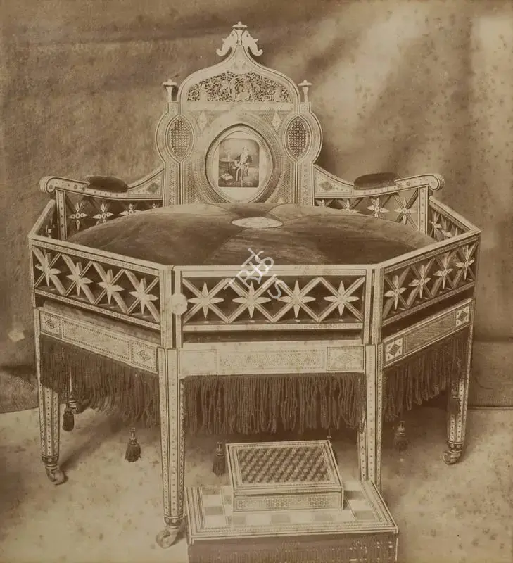 Narayan, Shew Shankar (Photographer). His Highness the Maharajah Gaekwar's Ivory inlaid Throne - Bombay Court - From the album 'Calcutta International 1883-84 Exhibition Views'. Albumen print pasted on mount, 1883-1884 | Antiquarian Photograph | Photography | 00115288