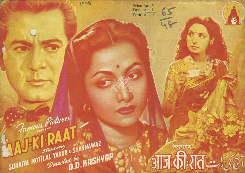 Kashyap, D.D. (Director), Aaj Ki Raat, 1948 | Cyclostyled Lyrics Leaflet | CinemaEducation | 00517429