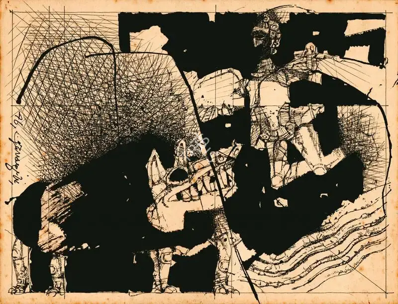Pyne, Ganesh (Artist). The Bird, The Beast. Pen & ink on paper, 1978 | Painting | FineArts | 00337302