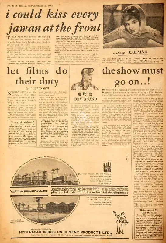 I Could Kiss Every Jawan at the Front. In Blitz - India's Greatest Weekly. p. 18. Bombay: R.K. Karanjia, 25 September 1965 | Film Review | CinemaEducation | 00144823