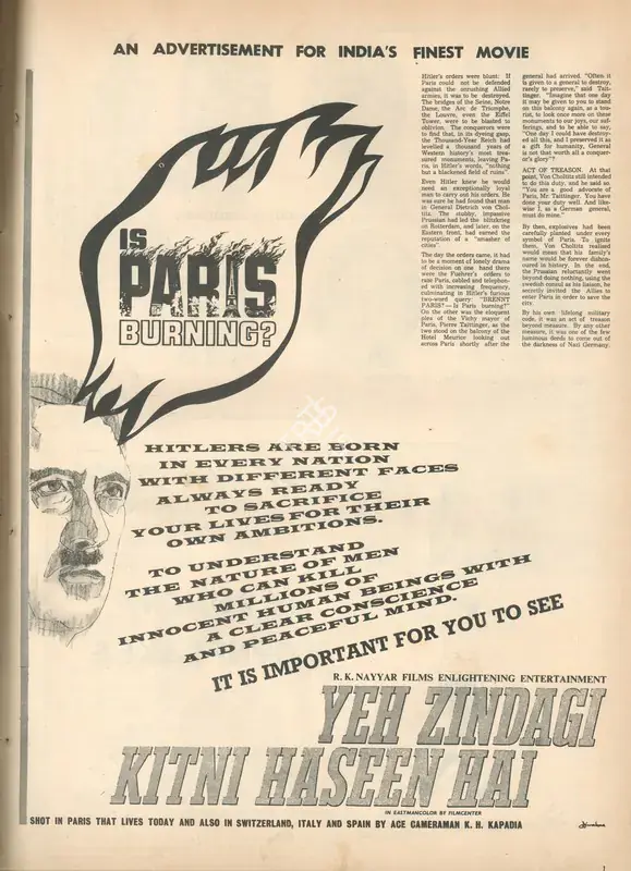 Nayyar, R.K. (Producer), Yeh Zindagi Kitni Haseen Hai, 1966. Is Paris Burning? | Advertisement