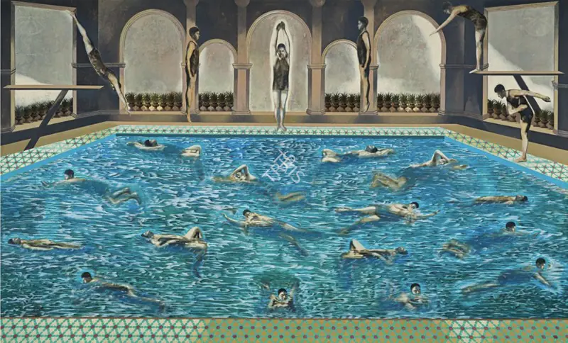 Sharma, Nataraj (Artist). Swimmers Manual. Oil & mixed media on canvas, 2018 | Painting | EconomicsArt | 00870303