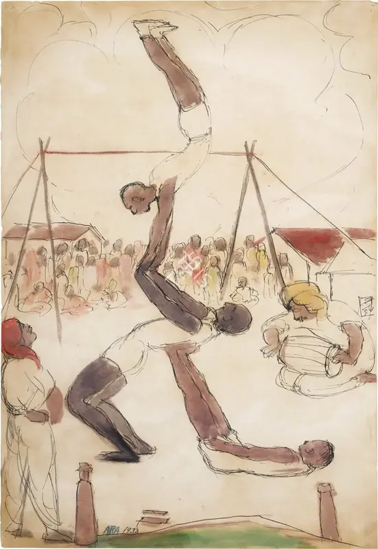 Ara, K.H. (Artist). Untitled (Village Acrobats). Ink and watercolour on paper, 1933 | Painting | EconomicsArt | 00871021
