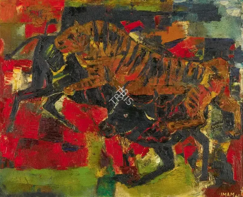 Imam, Syed Ali (Artist). Tiger and Bull. Oil on canvas, 1960 | Painting | FineArts | 00646723