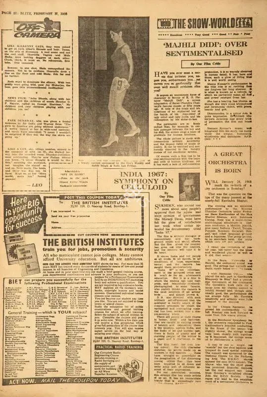 India 1967: Symphony on Celluloid. In Blitz - India's Greatest Weekly. p. 22. Bombay: R.K. Karanjia, 17 February 1968 | Film Review | CinemaEducation | 00143082