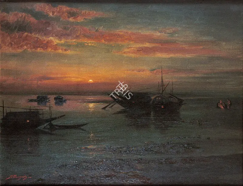 Gangooly, J.P. (Artist). Sunset on the Ganga. Oil on canvas, c.1915 | Painting | FineArts | 00600160
