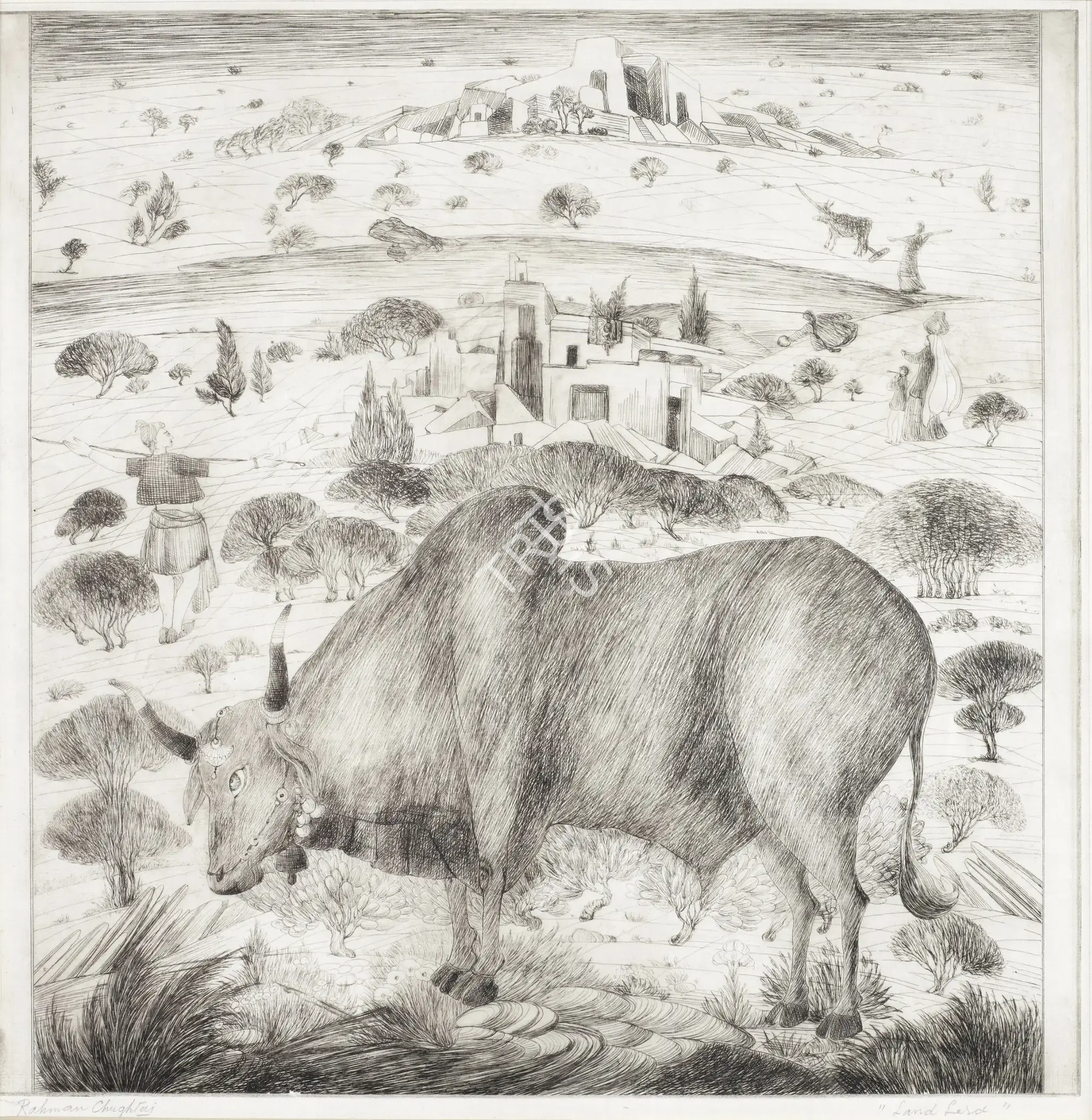 Chughtai, M.A.R. (Artist). Land Lord. Dry-point etching on paper, n.d. | Graphic Art | FineArts | 00900046