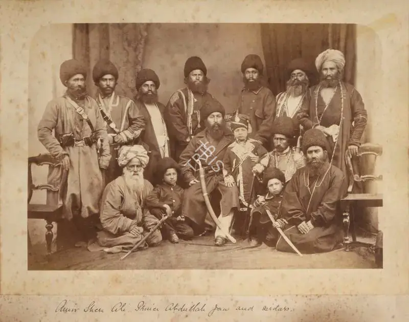 Burke, John (Photographer). Amir Shere Ali. Prince Abdullah Jan and sirdars, Jumrood Fort Camp. Albumen print pasted on mount, 1869 | Antiquarian Photograph | Photography | 00115088