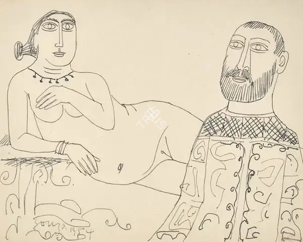 Souza, F.N. (Artist). Untitled (Reclining Nude with Priest), 1954 | Drawing