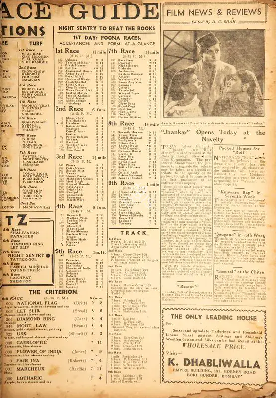 Shah, D.C. (Editor). "Jhankar" Opens Today at the Novelty. In Blitz - Weekly News Magazine. p. 15. Bombay: R.K. Karanjia, 29 August 1942 | Film Review | CinemaEducation | 00142538