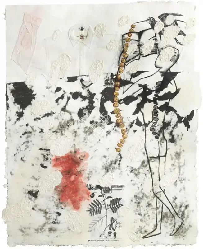 Dodiya, Atul (Artist). Untitled. Kaza paper, carbon toner, vine charcoal, gold leaf, cotton shirt, paper pulp, screenprinting ink, pigment on handmade STPI cotton and linen paper, 2005 | Painting | FineArts | 00595834