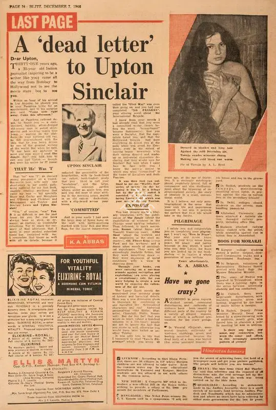 Abbas, Khwaja Ahmad (Columnist). A 'Dead Letter' to Upton Sinclair. In Blitz - India's Greatest Weekly. p. 24. Bombay: R.K. Karanjia, 07 December 1968 | Essay | CinemaEducation | 00465518