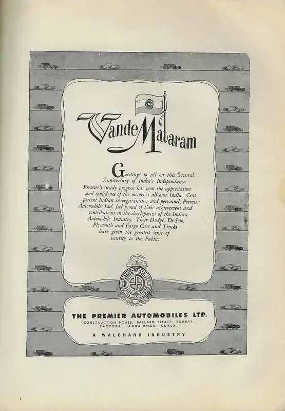 The Premier Automobiles (Advertiser). Vande Mataram, 1949 | Advertisement