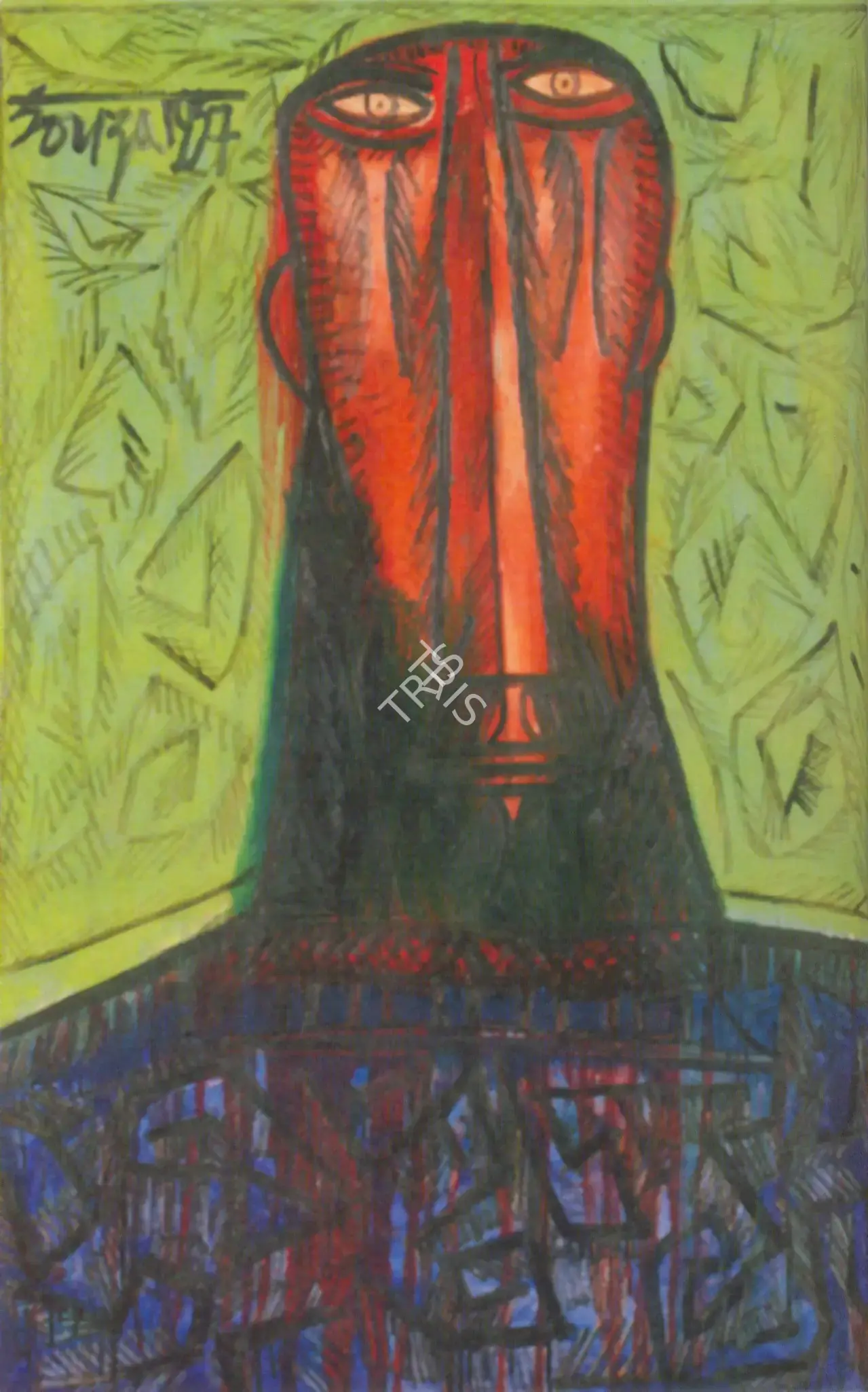 Souza, F.N. (Artist). Head On A Green Background, 1957 | Painting