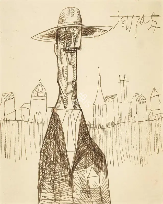 Souza, F.N. (Artist). Untitled (Man in Suit with Hat), 1957 | Drawing