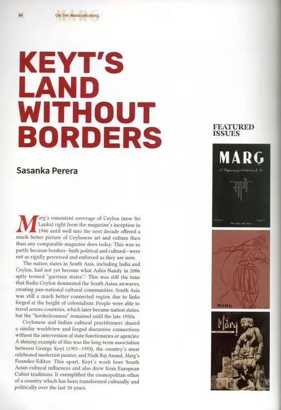 Perera, Sasanka (Essayist). Keyt's Land without Borders. In Marg - Asian Connections- Art, Food, Clothing, Shelter. 73(1), pp. 88-95. Mumbai: Cyrus Guzder, September - December 2021 | Essay | FineArts | 00669118