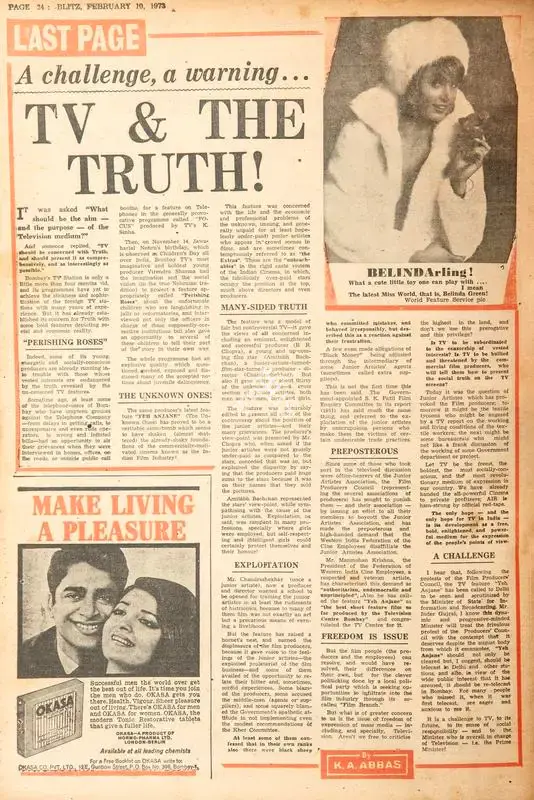 Abbas, Khwaja Ahmad (Columnist). TV & the Truth !. In Blitz - India's Greatest Weekly. p. 24. Bombay: R.K. Karanjia, 10 February 1973 | Essay | CinemaEducation | 00465628