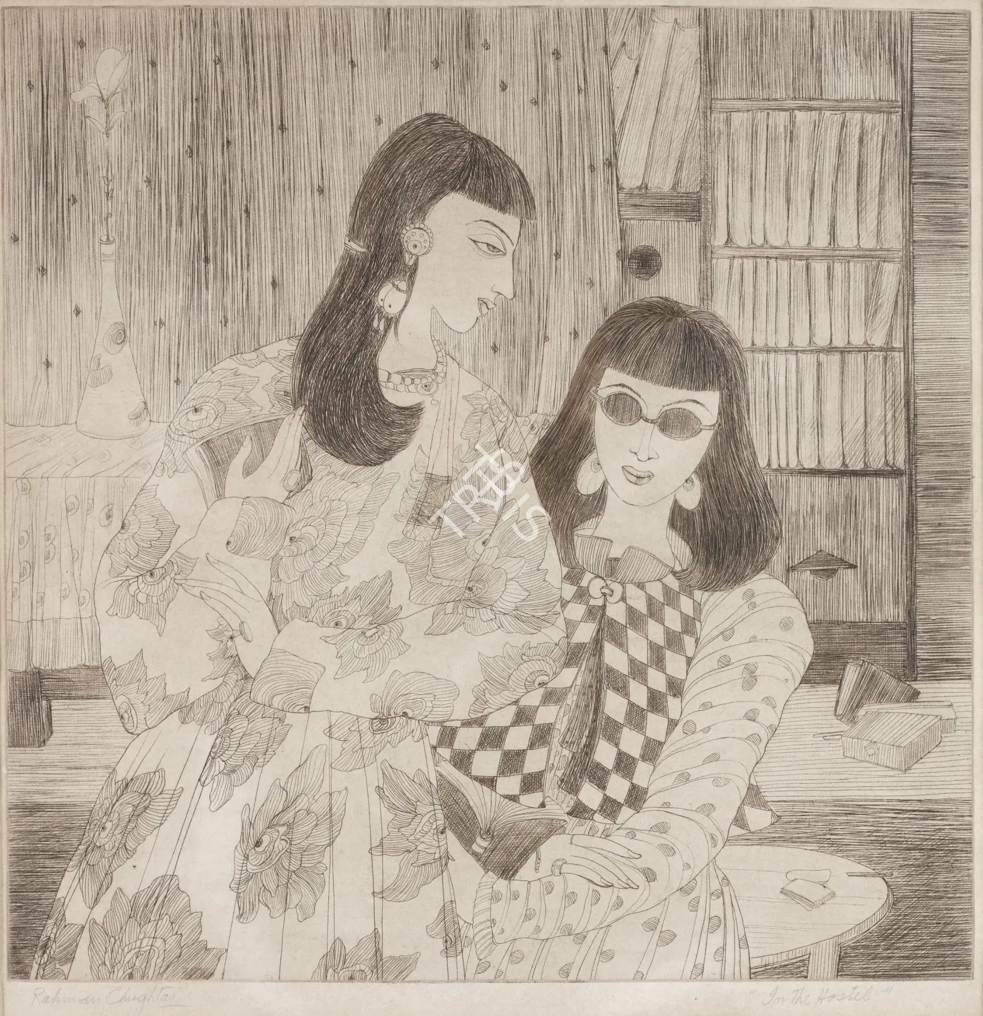 Chughtai, M.A.R. (Artist). In The Hostel. Dry-point etching on paper, n.d. | Graphic Art | FineArts | 00900042
