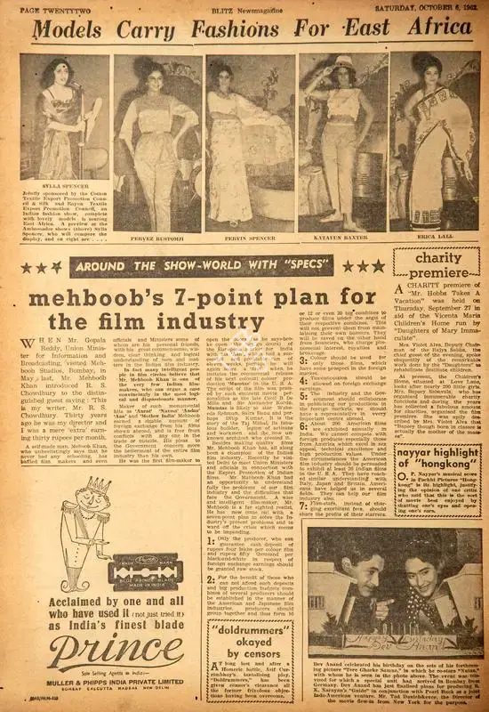 Mehboob's 7-Point plan for the Film Industry. In Blitz - Hindi Sanskaran. p. 22. Bombay: Homi D. Mistry, 06 October 1962 | Film Review | CinemaEducation | 00142701