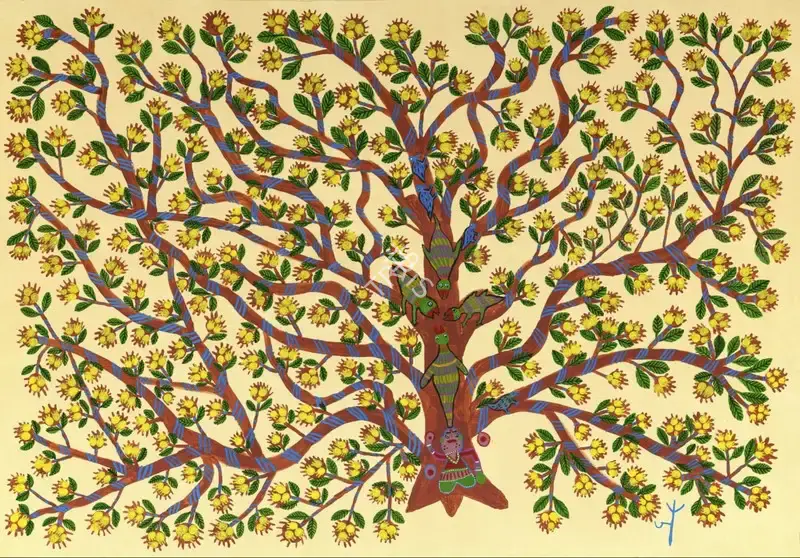 Baiga, Jodhaiya Bai (Artist). Mahua Tree, Green Parrots and the Goddess Mahua (Gond), 2021 | Painting