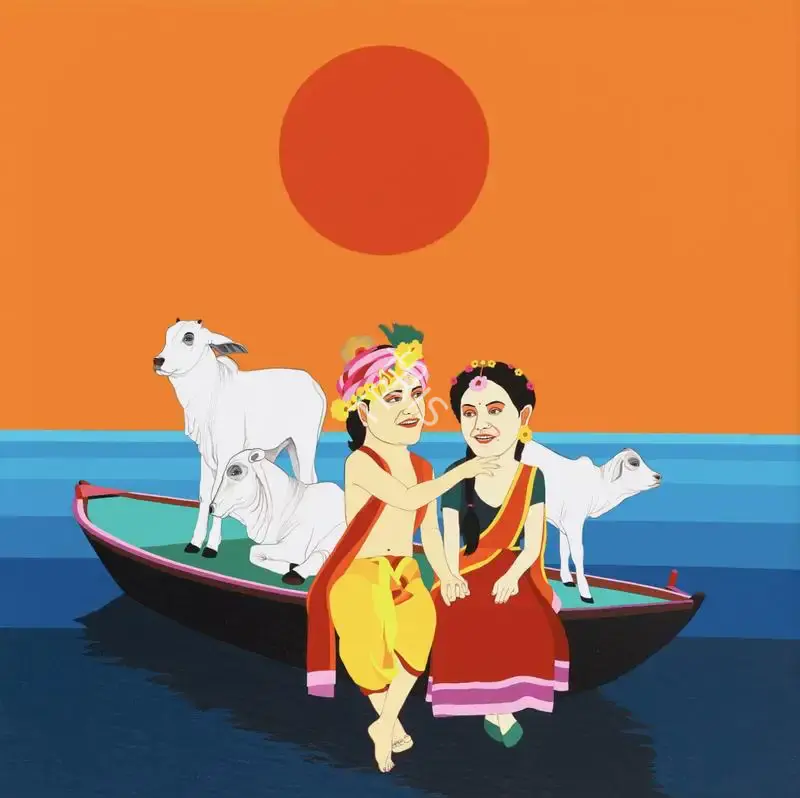 Hussain, Farhad (Artist). Krishna sailing on the River. Acrylic on canvas, 2022 | Painting | FineArts | 00417220