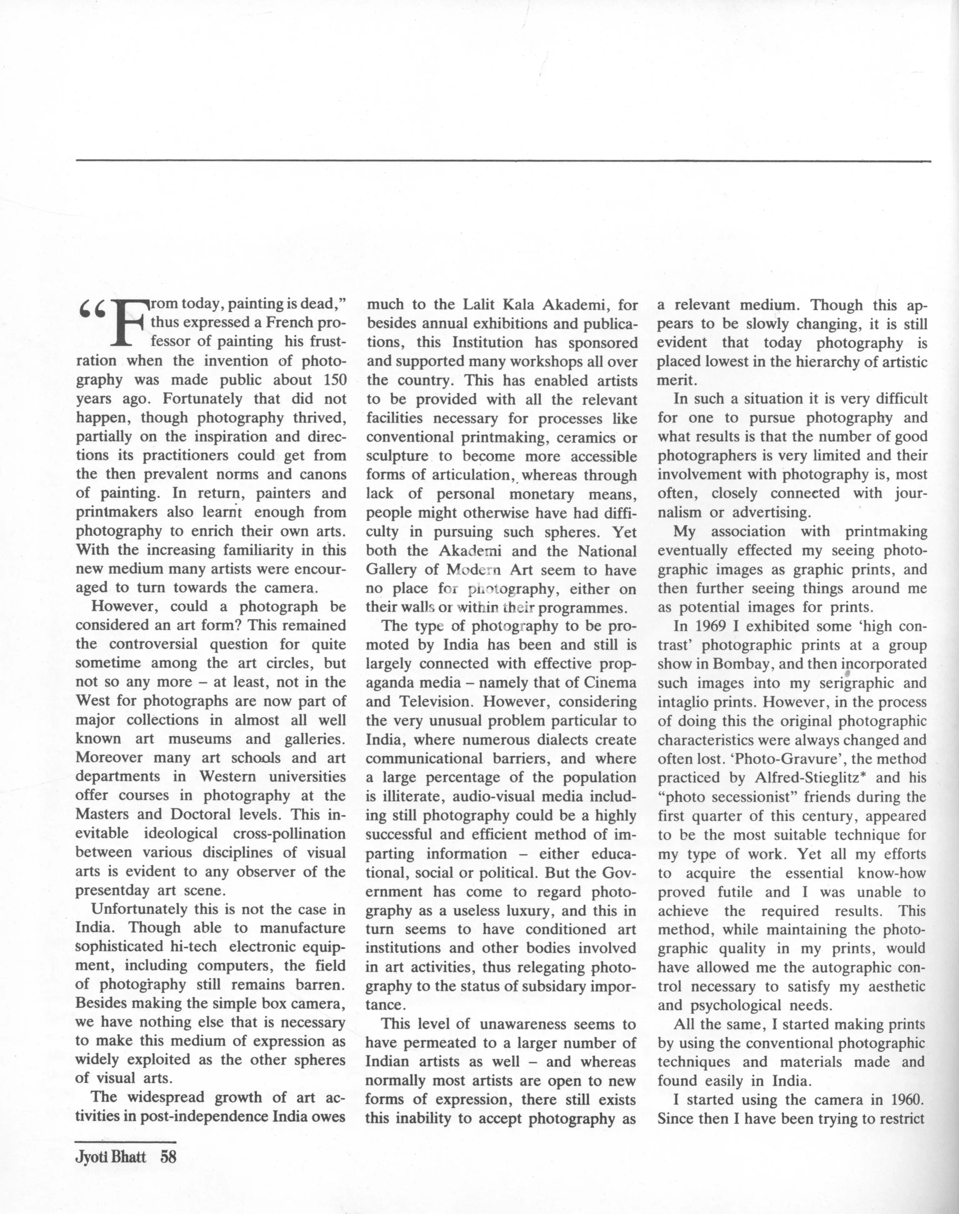 Bhatt, Jyoti (Essayist). Jyoti Bhatt. In Art Heritage 5 - Season 1984-86. Season 9, pp. 58-62. New Delhi: Art Heritage, 1986 | Essay | FineArts | 00851699