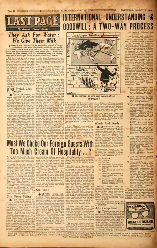 Abbas, Khwaja Ahmad (Columnist). International Understanding & Goodwill : A Two-Way Process. In Blitz - Asia's Foremost News Magazine. p. 20. Bombay: R.K. Karanjia, 03 March 1951 | Essay | CinemaEducation | 00464500