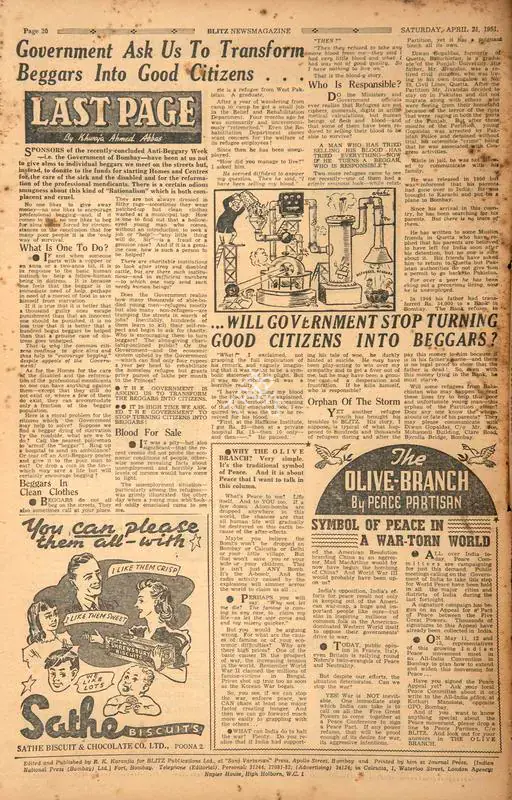 Abbas, Khwaja Ahmad (Columnist). Government Ask Us to Transform Beggars Into Good Citizens …. In Blitz - Asia's Foremost News Magazine. p. 20. Bombay: R.K. Karanjia, 21 April 1951 | Essay | CinemaEducation | 00464507