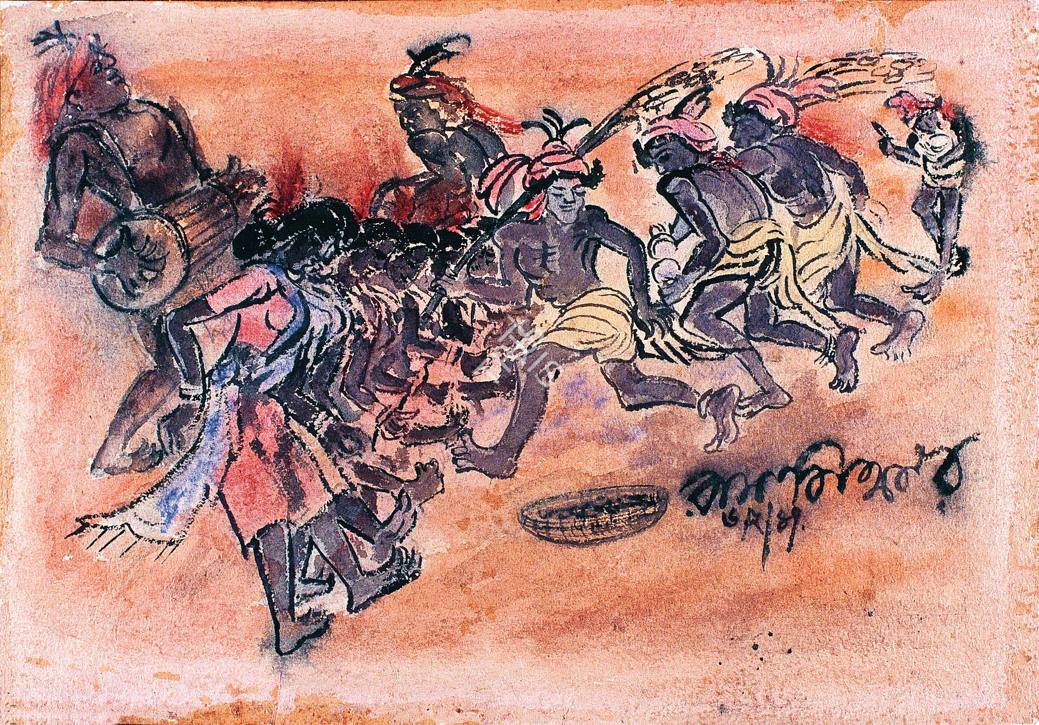 Baij, Ramkinkar (Artist). Santhal Harvest Dance. Watercolour on handmade paper, 1947 | Painting  | 00877529