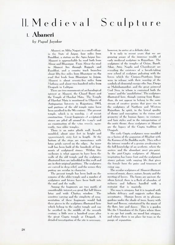 Jayakar, Pupul (Essayist). Abaneri. In Marg - Rajasthani Sculpture. 12(2), pp. 28-30. Bombay: Marg, March 1959 | Essay | FineArts | 00668874