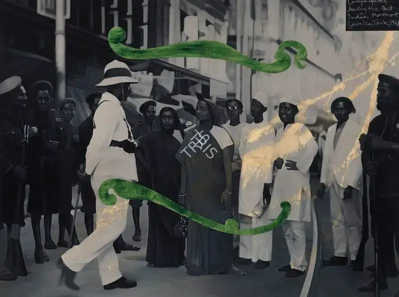 Dodiya, Atul (Artist). Campaigners during the Quit India Movement, Gowalia Tank - 1942. Oil, acrylic with marble dust and oil stick on canvas, 2014 | Painting | FineArts | 00338035