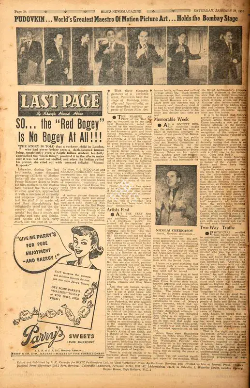 Abbas, Khwaja Ahmad (Columnist). So… the "Red Bogey" is No Bogey at All !!!. In Blitz. 27 January 1951 | Essay