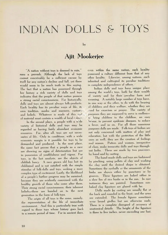 Mookerjee, Ajit (Essayist). Indian Dolls & Toys. In Marg. 4(4), pp. 30-32. Bombay: Modern Artists and Architects Research Group, April 1951 | Essay | FineArts | 00668792, 1951