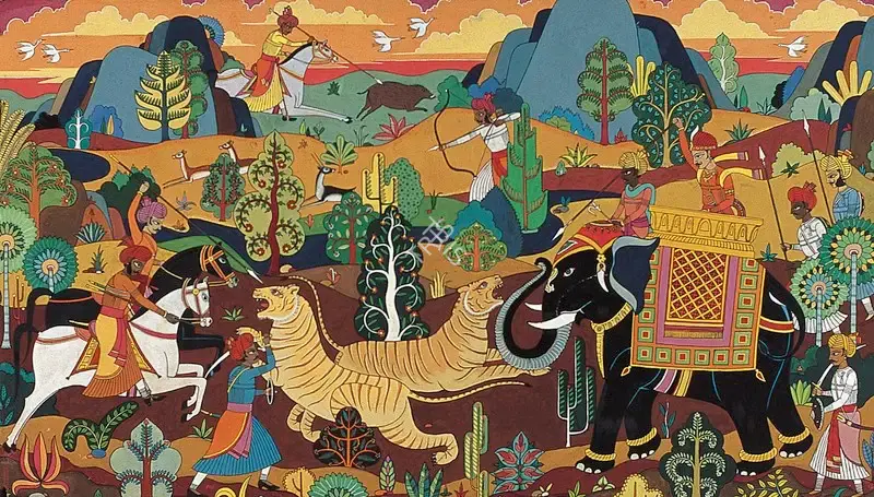Mangalsinhji, Kumar (Artist). Kotah Hunting Scene. Gouache on paper, late 1940s | Painting | FineArts | 00371567