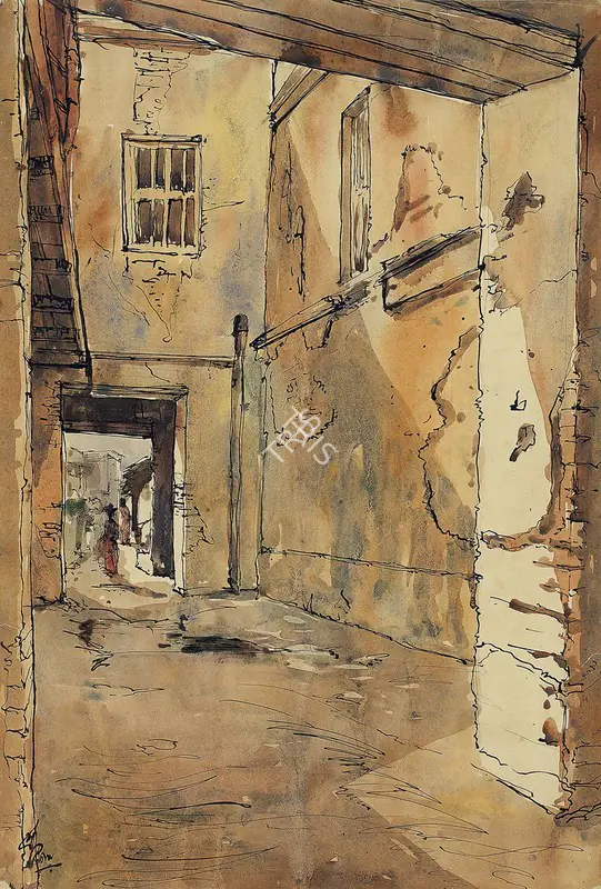 Bhattacharjee, Bikash (Artist). Cityscape. Watercolour and ink on paper, c.1960 | Painting | FineArts | 00594939