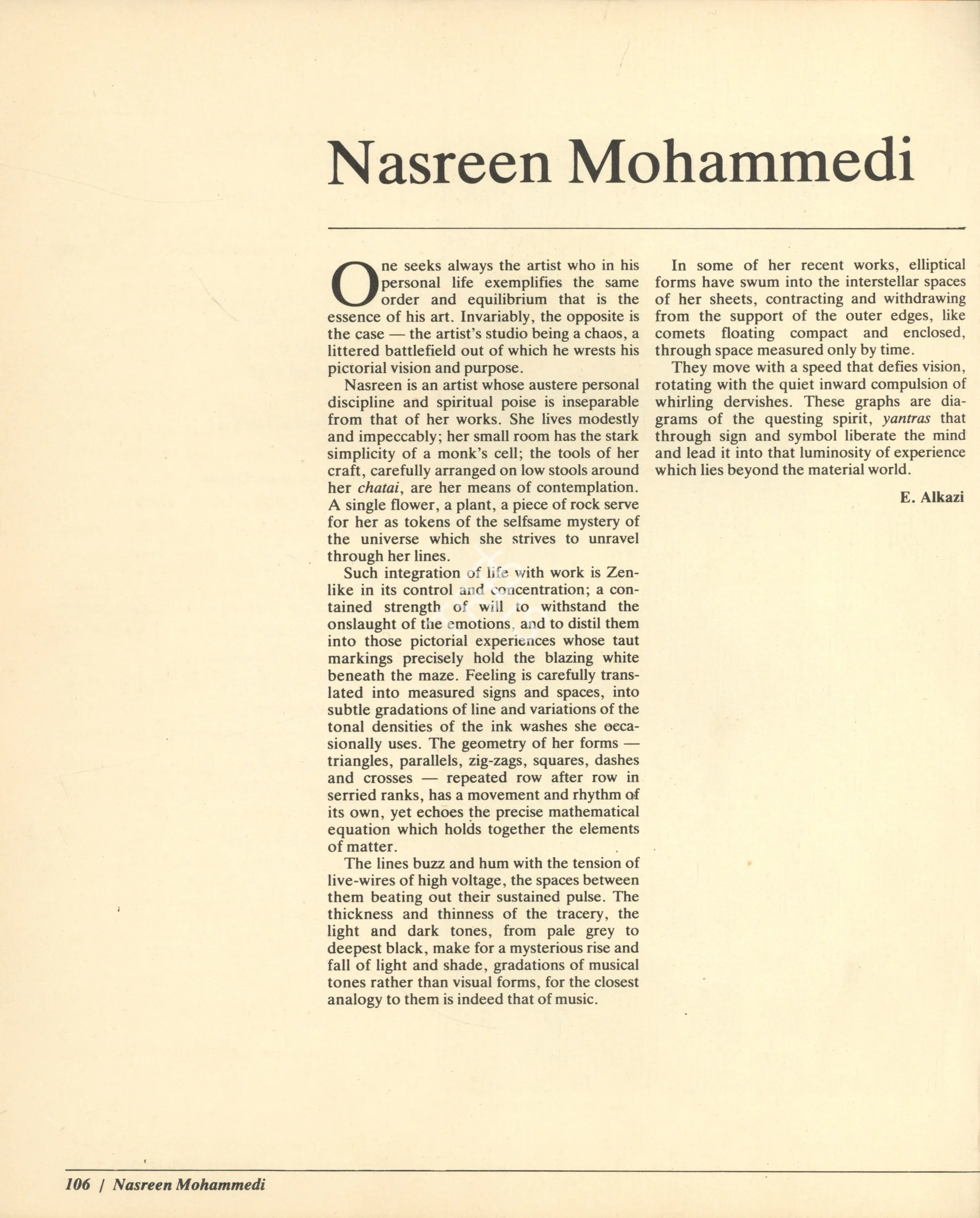 Alkazi, Ebrahim (Essayist). Nasreen Mohammedi. In Art Heritage 6 - Season 1986-87. Season 10, pp. 106-109. New Delhi: Art Heritage, 1987 | Essay | FineArts | 00851708